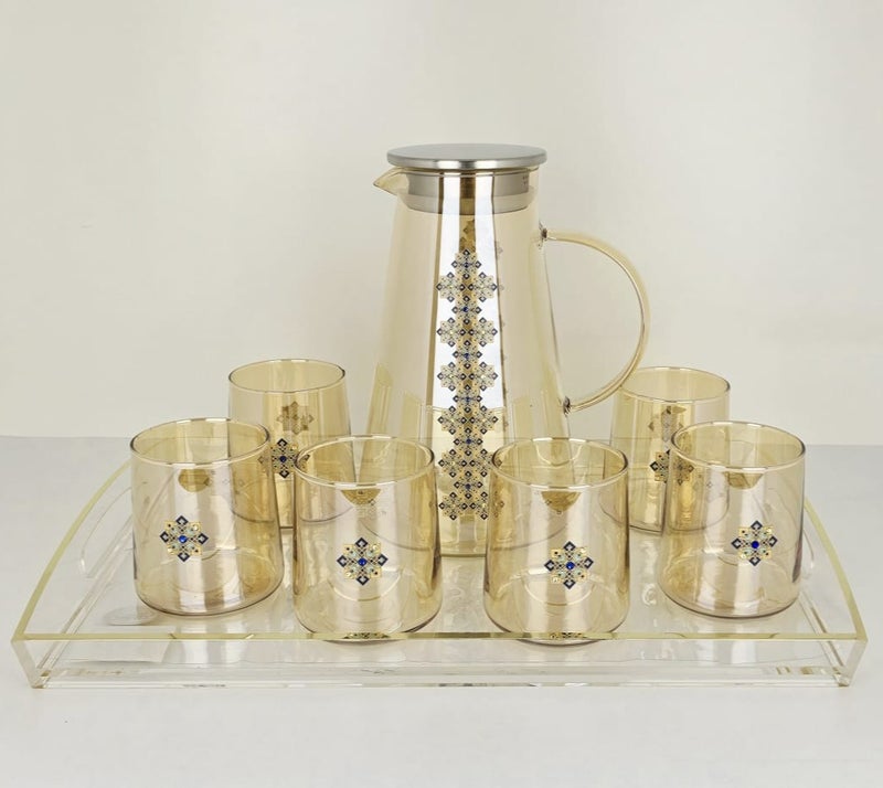 Radin Water Set Of 8Pieces Six Glass With One Jug For Water Juice And One Piece Miror Tray High Quality Glass Material - Image 1